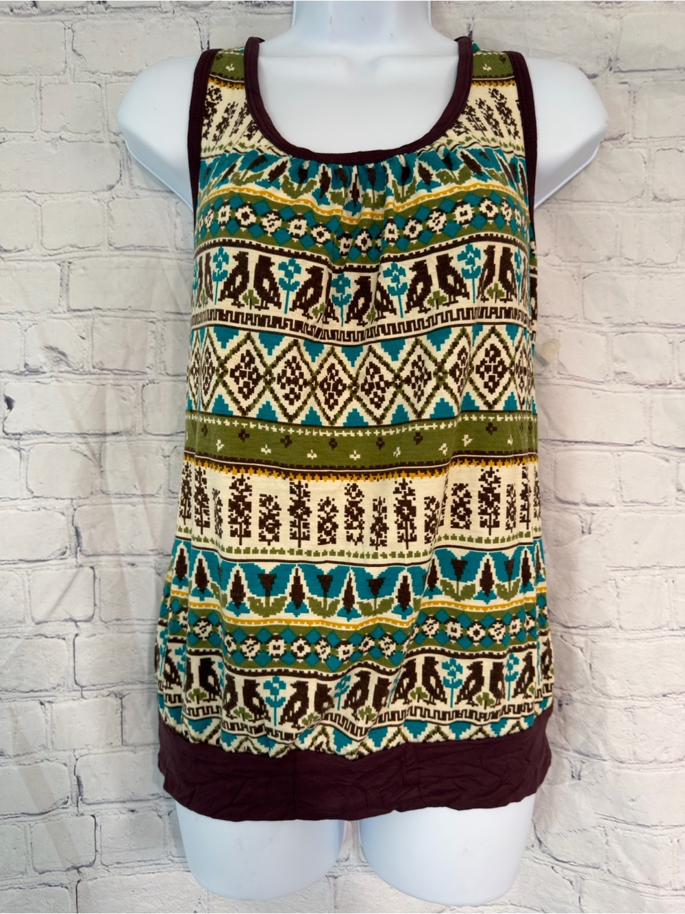 Body Central Multicolor Tribal Print Tank Top - Teal, Olive & Brown Trim Large